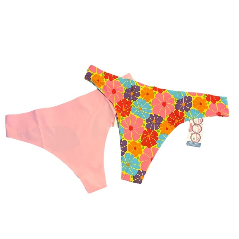 Cheek Boss Women's XL 2 Pack of No Show Thong Panties Pink &‎ Multicolor Flowers